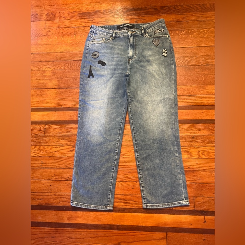 Karl Lagerfeld Paris Women's Straight Leg Logo high Rise Jean Size 12 Blue